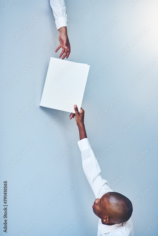 Poster teamwork, paper and giving in space on background, document or paperwork for career collaboration. m
