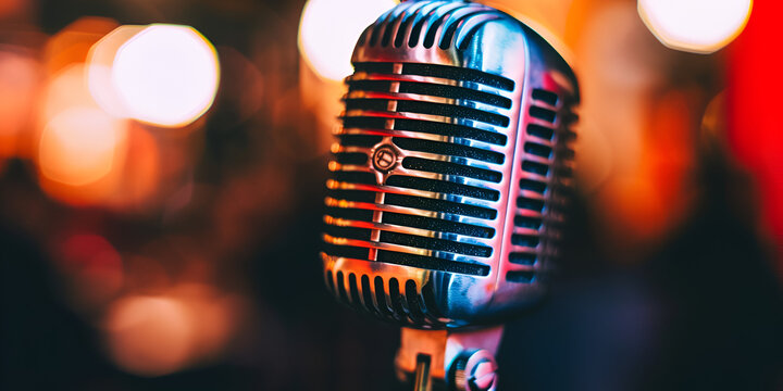 Retro microphone on stage with bokeh background. Music concept, Microphone for singer music background with spot lighting Microphone for singer on stage with bokeh background music concept
