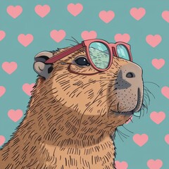 Fototapeta premium Illustration of capybara with pink sunglasses, AI generated