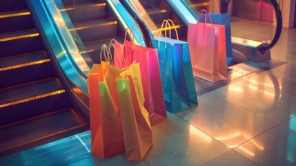 Colorful shopping bags on mall escalator. Consumerism and shopping concept - obrazy, fototapety, plakaty