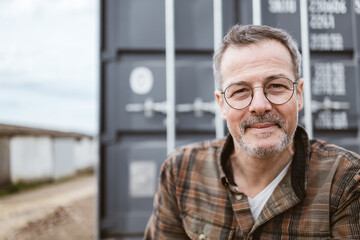 Smiling Middle-Aged Man Sitting Outdoors by a Grey Container