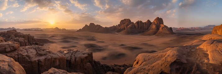 Majestic panoramic view of a desert with rocky formations under a beautiful sunset sky indicating vastness and solitude