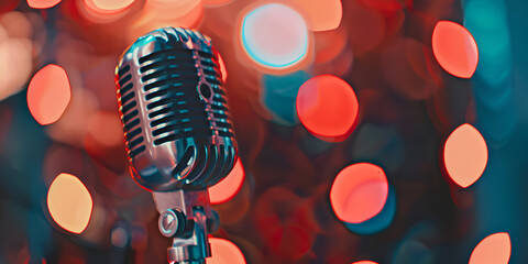 Fototapeta na wymiar Retro microphone on stage with bokeh background. Music concept, Microphone for singer music background with spot lighting Microphone for singer on stage with bokeh background music concept