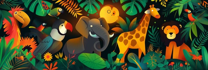A cheerful and vibrant jungle scene with various animals depicted in a whimsical illustrative style