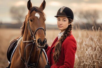 Obraz premium Equestrian in a top hat standing confidently beside her horse in a field
