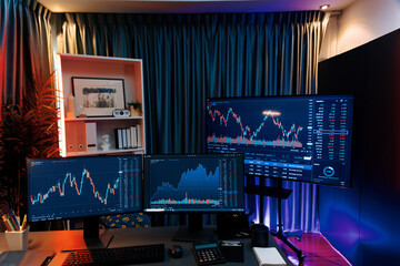 Big screens of dynamic stock market exchange graph showing on computer at neon light night time....