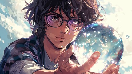Anime illustration. Portrait of Japanese man wearing glasses holding crystal ball in his hand against cloudy sky background. Cartoon art style.