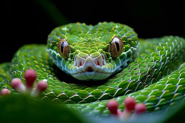 Close-up of a green boa snake on a dark background