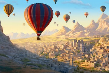 Hot air balloons flying over ancient city,   rendering illustration