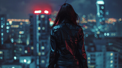 Beautiful Mysterious woman in black leather jacket 
