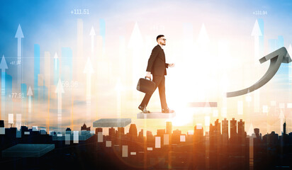 Double Exposure Image of Business and Finance - Businessman with report chart up forward to...
