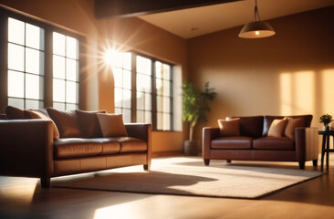 Fototapeta premium Warm sunlight filters through large windows, illuminating an inviting living room
