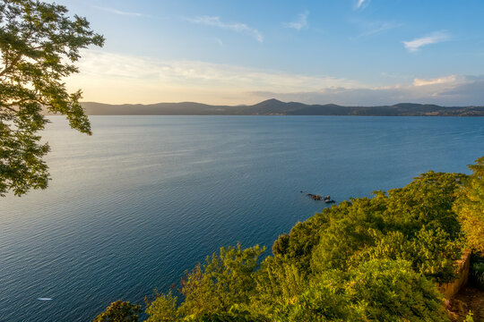 Italy, Lazio, Anguillara Sabazia, Lake Bracciano at dusk