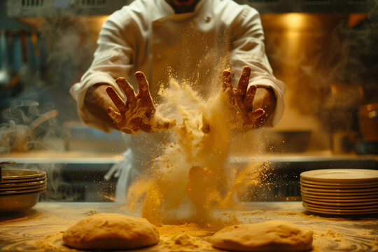 A chef in a white uniform tosses pizza dough in the air in a commercial kitchen.