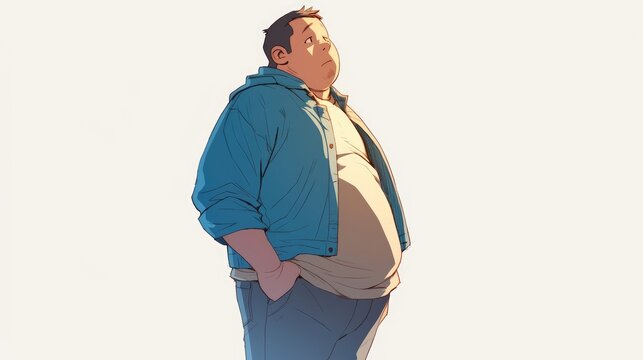A cartoon rendered illustration featuring an overweight man standing alone against a white background