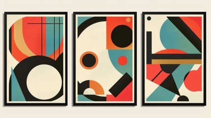 Set of three abstract geometric art prints. Modernist design with circles