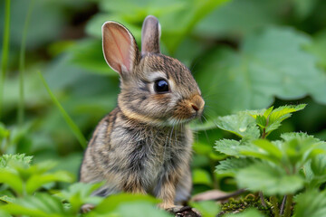 Fototapeta premium A cute baby bunny sits in a lush green field, looking up at the world with its big, curious eyes.