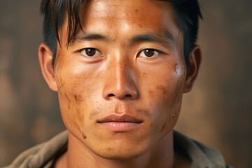 Obraz premium A portrait of a man with freckles on his nose. He is of Asian nationality, around 30 years old
