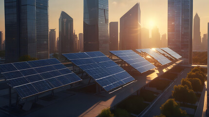 Urban Solar Power: City Skyline with Solar Panels on Buildings