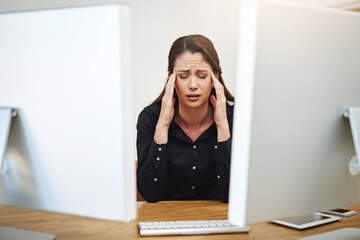 Business woman, computer and stress or headache in office for debt, finance or investment news of stock market crash. Trader, analyst or accountant in pain, migraine or anxiety for company budget cut