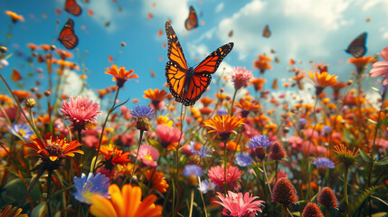 A field of flowers with butterflies in the foreground and a blue sky with clouds in the background.