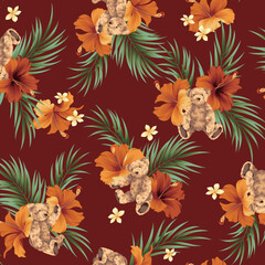 Pattern composed of tropical flowers and cute bears,
