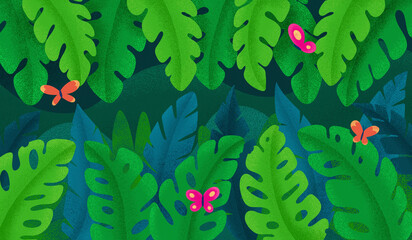 Illustration of butterflies on plants in tropical rainforest