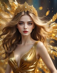 Beautiful girl in a golden dress and a golden crown on her head