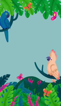 Illustration of tropical birds and jungle