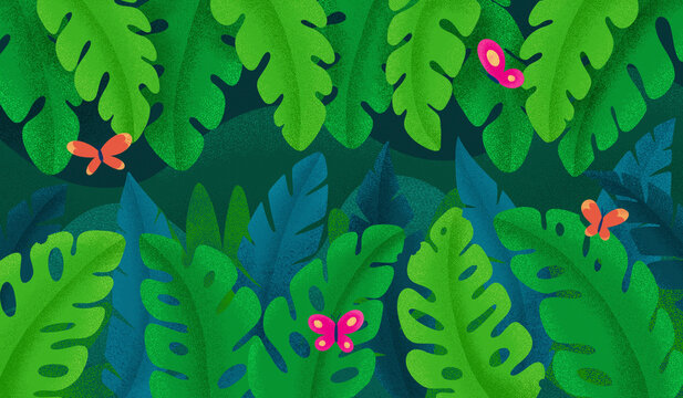 Illustration of butterflies on plants in tropical rainforest
