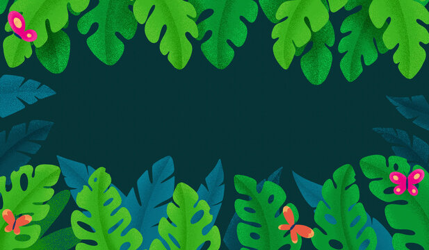 Illustration of butterflies on plants at tropical rainforest with copy space in between