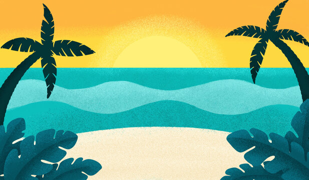 Illustration of palm trees on beach shore by sea at sunset