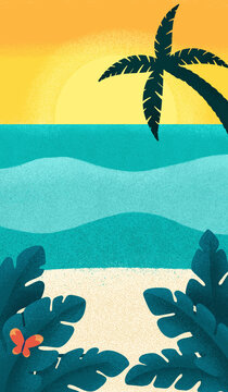 Illustration of palm tree on beach shore by sea at sunset