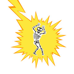 Skeleton electric shock by high voltage or lighting electrocuted caution silhouette flat style design vector illustration. A funny human skeleton had an electric shock or lightning strike.