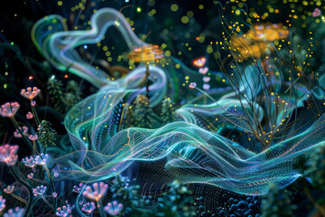 A vibrant ecosystem where organisms and digital entities coexist in symbiotic harmony. Bioluminescent flora intertwine with glowing data streams - obrazy, fototapety, plakaty