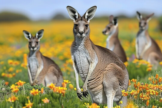 A group of kangaroos standing in a field of yellow flowers
