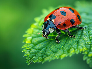 Fototapeta premium A ladybug on a leaf with water drops.
