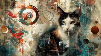 Cat portrait with abstract geometric patterns in a contemporary art style.