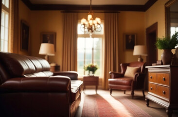 Fototapeta na wymiar Classic elegance meets warm ambiance in this cozy interior featuring a luxurious leather sofa