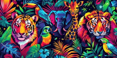 close up of colorful flower,a vibrant sticker featuring a menagerie of jungle animals, each bursting with personality and color 16k ultra HD. - obrazy, fototapety, plakaty