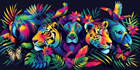 background with ribbons,a vibrant sticker featuring a menagerie of jungle animals, each bursting with personality and color 16k ultra HD. - obrazy, fototapety, plakaty