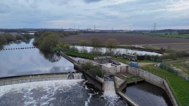 Pull back drone aerial  Knottingley Weir
Hydroelectric power plant west Yorkshire UK