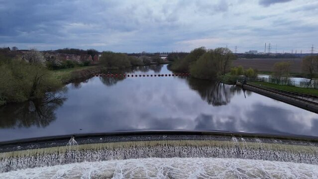 Water rushing over Knottingley Weir
Hydroelectric power plant UK  drone,aerial