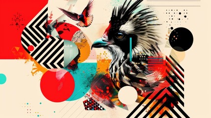 Surreal collage of bird with vibrant abstract elements on a pastel background. Digital art collage.