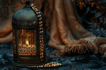 Lantern with burning candle and beads on a dark background