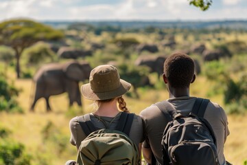 Two people on safari observe the passage of an elephant herd. The man is wearing a backpack and the...