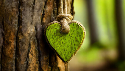 Extreme closeup of a green wooden heart hanging with a rope on a tree trunk, with a blurry green forest in the background with copy space. Concept of love for nature and the environment. Generative Ai