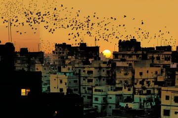 Sunset over the roofs of houses in Jaipur, India