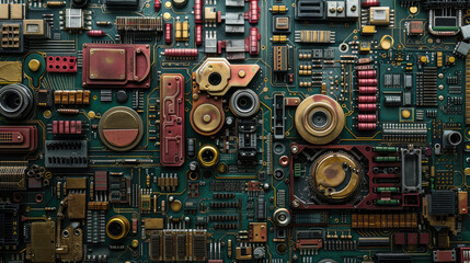 A complex circuit board with intricate patterns and tiny components