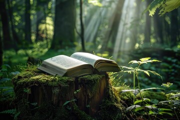 Open book on a stump in the forest with green moss and sunlight